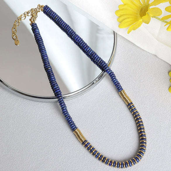 Wholesale Frisbee Beaded Necklace Handmade With Stainless Steel Natural Stone Lapis Lazuli Geometric Style For Women