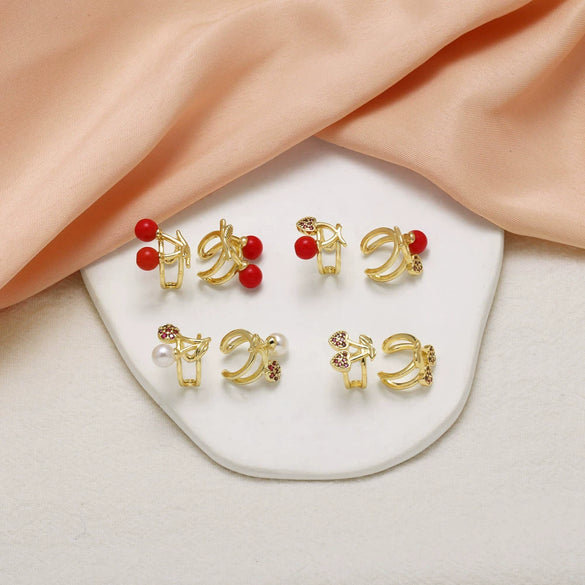 Wholesale Fruit Cherry Ear Clip Copper 18K Gold Plated Earrings