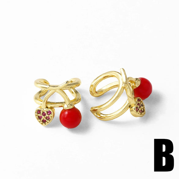 Wholesale Fruit Cherry Ear Clip Copper 18K Gold Plated Earrings