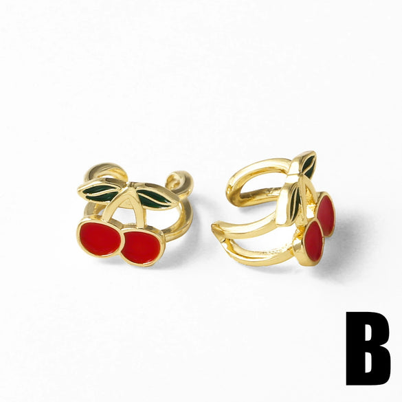 Wholesale Fruit Cherry Shaped Copper Plated Gold Ear Clip Earrings For Women