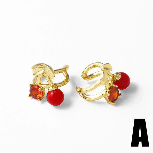 Wholesale Fruit Cherry Shaped Copper Plated Gold Ear Clip Earrings For Women