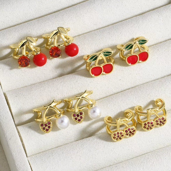 Wholesale Fruit Cherry Shaped Copper Plated Gold Ear Clip Earrings For Women