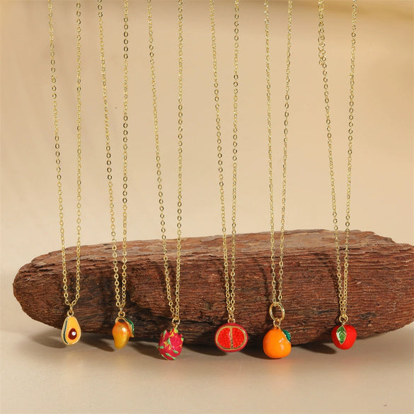 Wholesale Fruit Pattern Copper 14K Gold Plated Mixed Gem Inlay Oshaped Pendant Necklace For Women