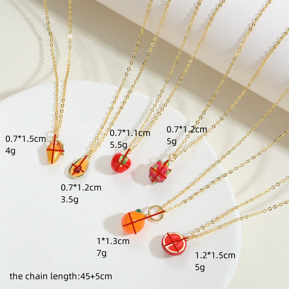 Wholesale Fruit Pattern Copper 14K Gold Plated Mixed Gem Inlay Oshaped Pendant Necklace For Women