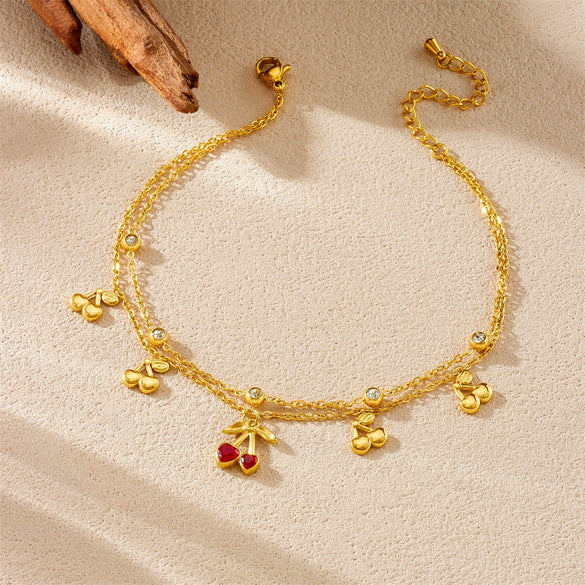 Wholesale Fruit Patterned Heartshaped Diamondencrusted Stainless Steel Goldplated Women's Anklet