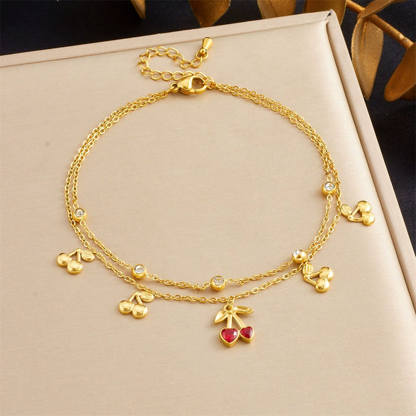 Wholesale Fruit Patterned Heartshaped Diamondencrusted Stainless Steel Goldplated Women's Anklet