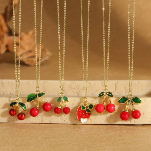 Wholesale Fruit Series Cherry Shape Pendant Clavicle Chain Necklace For Women Copper Electroplating Mixed Gemstone Setting Geometric Style