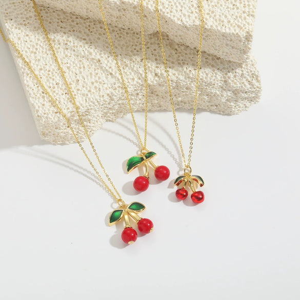 Wholesale Fruit Series Cherry Shape Pendant Clavicle Chain Necklace For Women Copper Electroplating Mixed Gemstone Setting Geometric Style