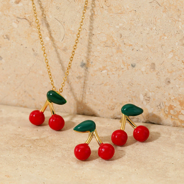 Wholesale Fruit Series Cherry Titanium Steel Necklace And Earrings Set With Electroplating And O Word Chain