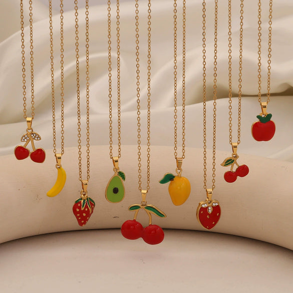 Wholesale Fruit Series Titanium Steel Pendant Necklace With Cherry Strawberry Banana Apple Shapes