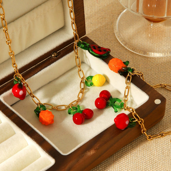Wholesale Fruit Shape Gold Plated Stainless Steel And Resin Jewelry Necklaces And Bracelets For Women