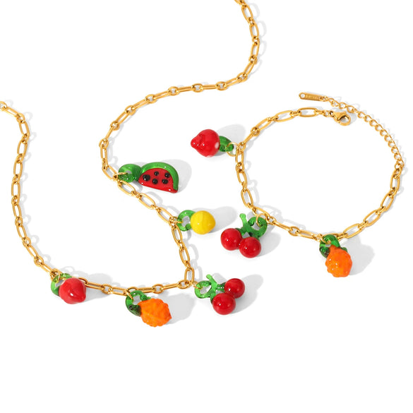 Wholesale Fruit Shape Gold Plated Stainless Steel And Resin Jewelry Necklaces And Bracelets For Women