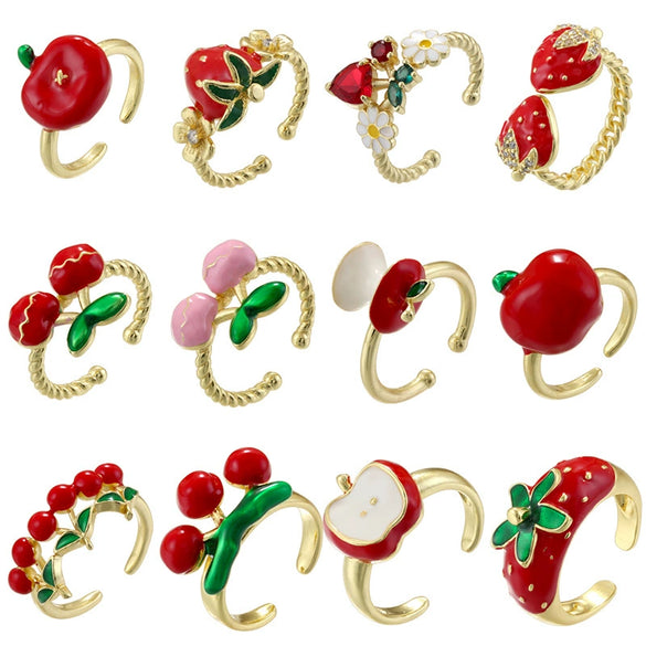 Wholesale Fruit Shaped Copper Ring With Oil Dripping Design Sweet Style For Women