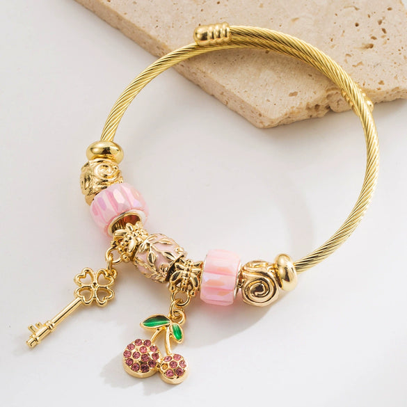 Wholesale Fruit Shaped Diamond Set Stainless Steel Key Pendant Adjustable Unisex Bracelet