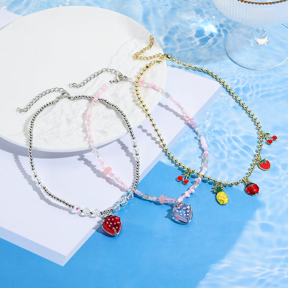 Wholesale Fruitshape Plastic Resin Alloy Jewelry With Electroplating For Women Strawberry Cherry Pendant Necklace
