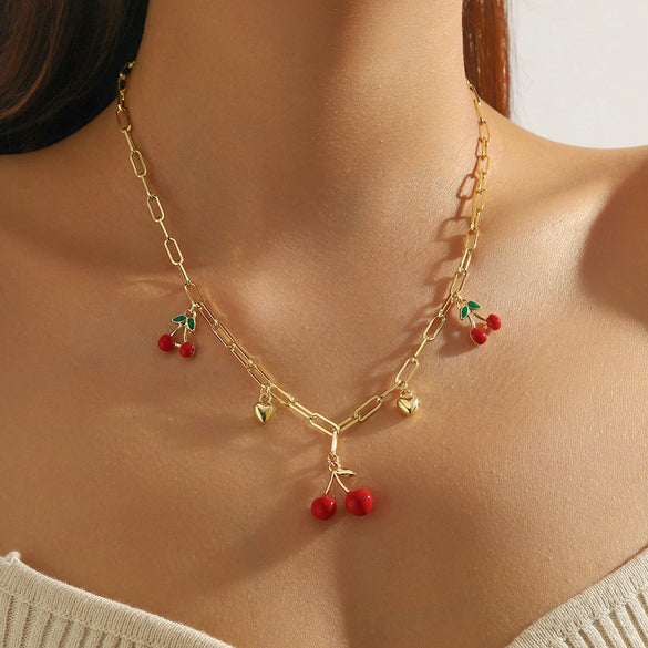 Wholesale Fruitshape Plastic Resin Alloy Jewelry With Electroplating For Women Strawberry Cherry Pendant Necklace