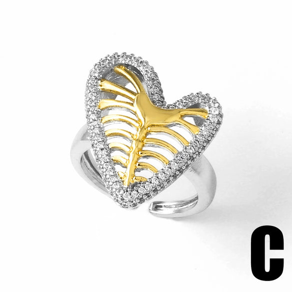 Wholesale Full Zircon Heart Open Ring Women's Gold Plated Copper Ring With Heart Shape And Geometric Pattern Electroplated
