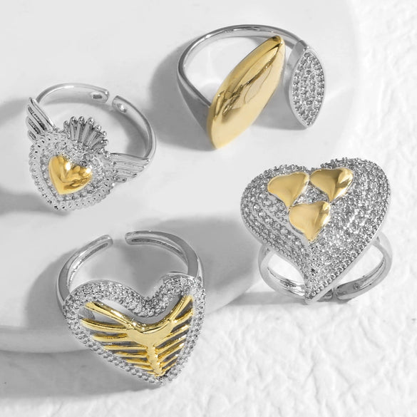 Wholesale Full Zircon Heart Open Ring Women's Gold Plated Copper Ring With Heart Shape And Geometric Pattern Electroplated