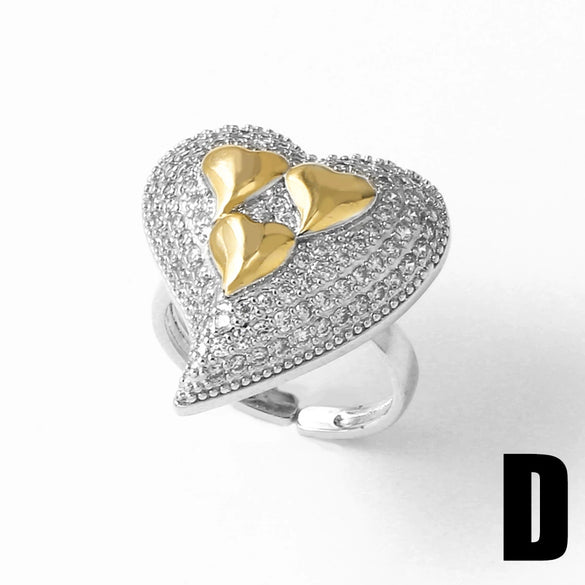 Wholesale Full Zircon Heart Open Ring Women's Gold Plated Copper Ring With Heart Shape And Geometric Pattern Electroplated