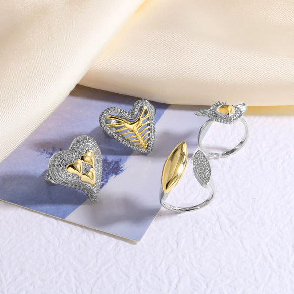 Wholesale Full Zircon Heart Open Ring Women's Gold Plated Copper Ring With Heart Shape And Geometric Pattern Electroplated