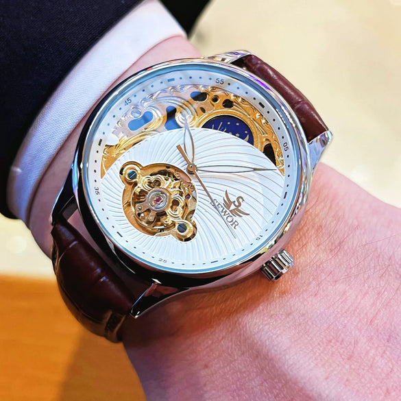 Wholesale Fully Automatic Mechanical Men's Watch With Hollow Tourbillon Luminous Waterproof Retro Style Alloy Case Stainless Steel Strap And Buckle Mineral Reinforced Glass Mirror