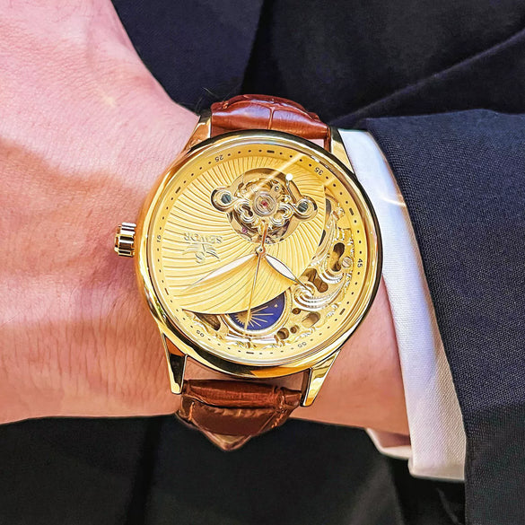 Wholesale Fully Automatic Mechanical Men's Watch With Hollow Tourbillon Luminous Waterproof Retro Style Alloy Case Stainless Steel Strap And Buckle Mineral Reinforced Glass Mirror