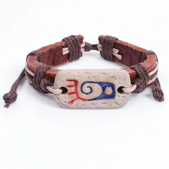Wholesale Genuine Leather Woven Bracelet With Ceramic And Geometric Peace Symbol Handmade Jewelry