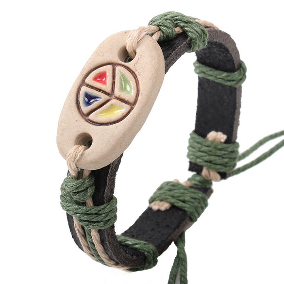 Wholesale Genuine Leather Woven Bracelet With Ceramic And Geometric Peace Symbol Handmade Jewelry