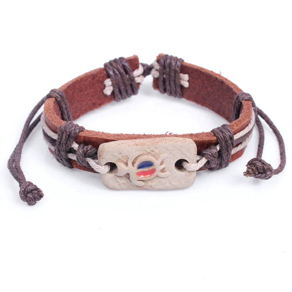 Wholesale Genuine Leather Woven Bracelet With Ceramic And Geometric Peace Symbol Handmade Jewelry