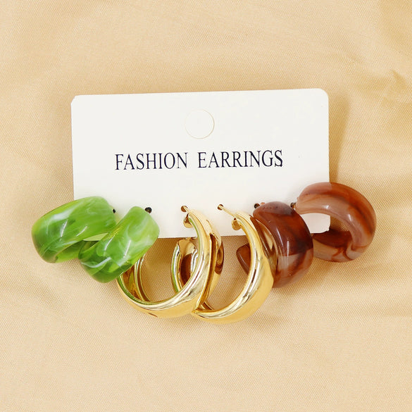 Wholesale Geometric Acetic Acid Plate C Shaped Creative Retro Multicolor Plastic Earrings 3 Pair Set With Polishing Treatment For Women