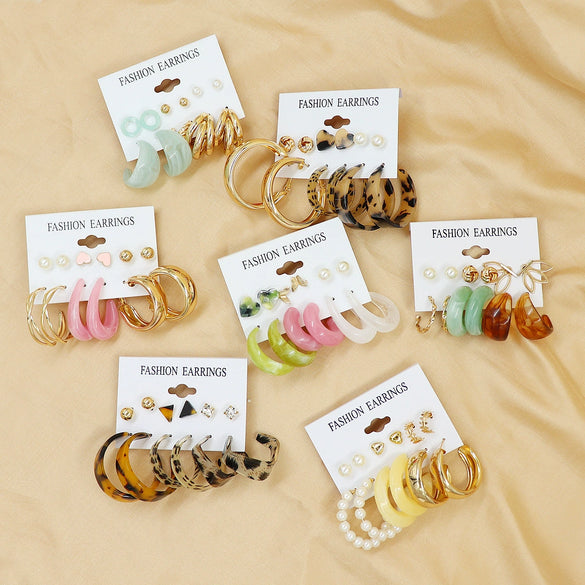 Wholesale Geometric Acetic Acid Plate C Shaped Creative Retro Multicolor Plastic Earrings 3 Pair Set With Polishing Treatment For Women