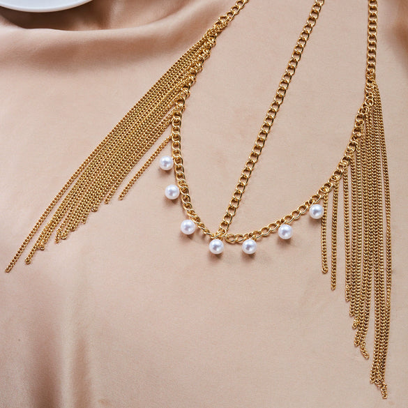 Wholesale Geometric Alloy Electroplated Pearl Tassel Forehead Chain Child Hair Accessory