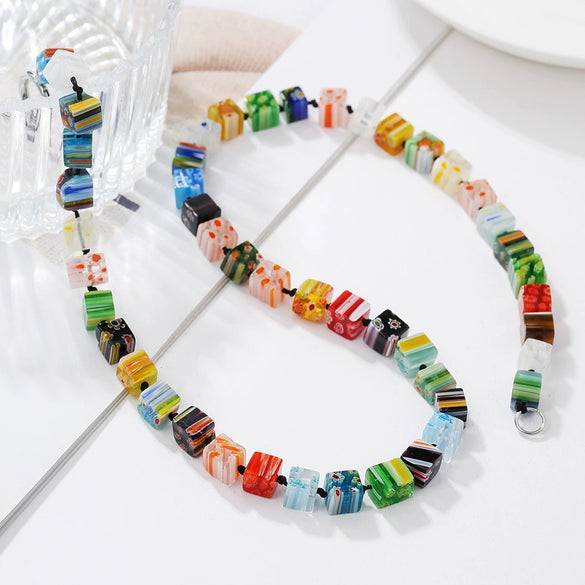 Wholesale Geometric Alloy Pendant Thousand Flower Glass Beads Stainless Steel Electroplated O Word Chain Women's Necklace