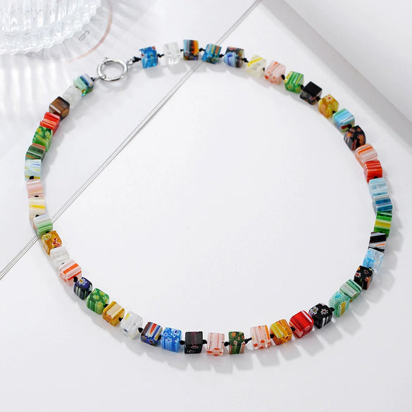 Wholesale Geometric Alloy Pendant Thousand Flower Glass Beads Stainless Steel Electroplated O Word Chain Women's Necklace