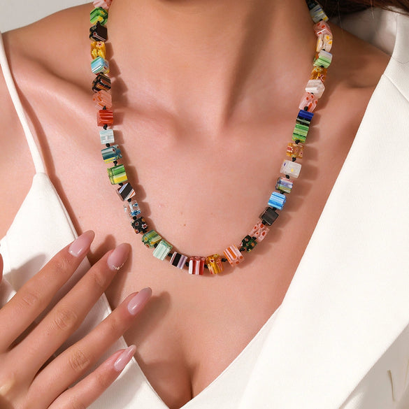 Wholesale Geometric Alloy Pendant Thousand Flower Glass Beads Stainless Steel Electroplated O Word Chain Women's Necklace
