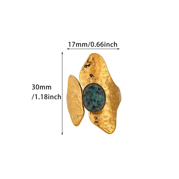 Wholesale Geometric Asymmetrical Hammered Natural Stone Titanium Steel Open Ring With Gold Plated Finish For Women