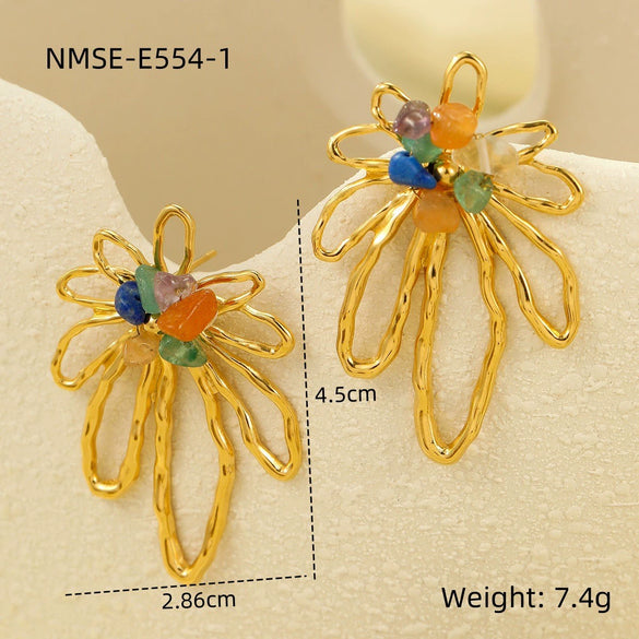 Wholesale Geometric Beaded Flower Stainless Steel 18K Gold Electroplated Earrings For Women