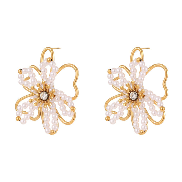 Wholesale Geometric Beaded Flower Stainless Steel 18K Gold Electroplated Earrings For Women