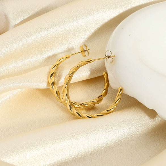 Wholesale Geometric Braided Thin Stainless Steel 18K Goldplated Waterproof Ear Hoops Earrings For Women