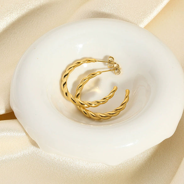 Wholesale Geometric Braided Thin Stainless Steel 18K Goldplated Waterproof Ear Hoops Earrings For Women