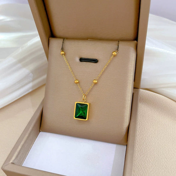 Wholesale Geometric Cartoon Plant Flowers Style Electroplated Titanium Steel Square Emerald Normcore Necklace For Unisex