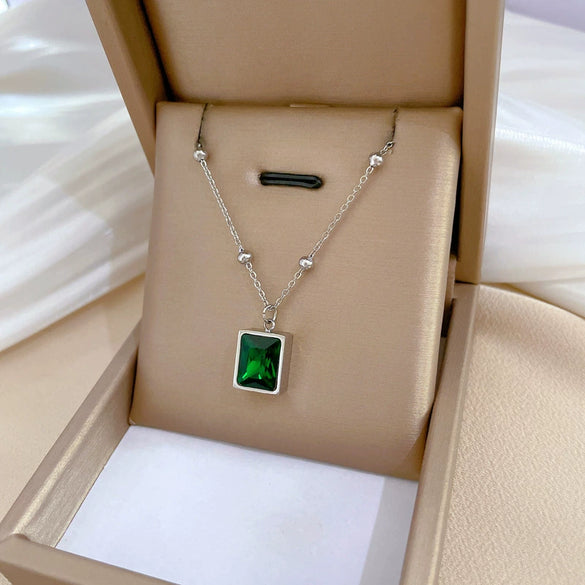 Wholesale Geometric Cartoon Plant Flowers Style Electroplated Titanium Steel Square Emerald Normcore Necklace For Unisex