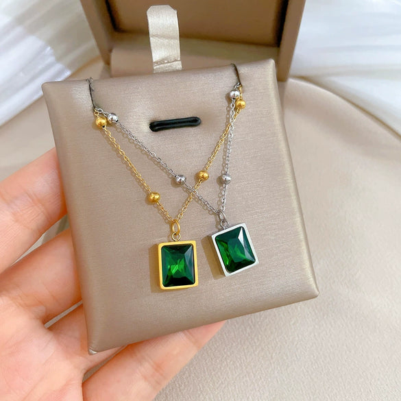 Wholesale Geometric Cartoon Plant Flowers Style Electroplated Titanium Steel Square Emerald Normcore Necklace For Unisex