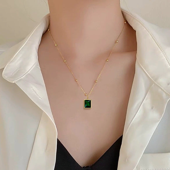 Wholesale Geometric Cartoon Plant Flowers Style Electroplated Titanium Steel Square Emerald Normcore Necklace For Unisex