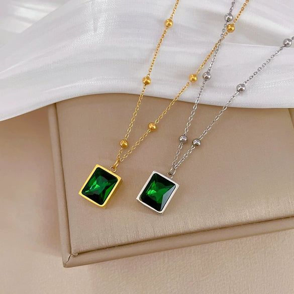 Wholesale Geometric Cartoon Plant Flowers Style Electroplated Titanium Steel Square Emerald Normcore Necklace For Unisex