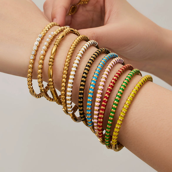 Wholesale Geometric Circle Oildrip Zircon Inlaid Shell Pearl Stainless Steel 18K Goldplated Bracelet Set Accessories