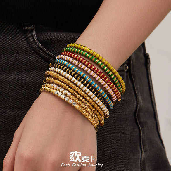 Wholesale Geometric Circle Oildrip Zircon Inlaid Shell Pearl Stainless Steel 18K Goldplated Bracelet Set Accessories
