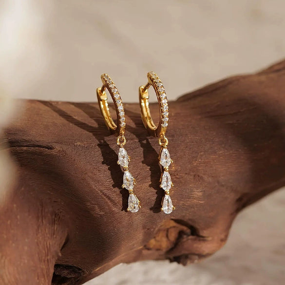 Wholesale Geometric Copper Plated Real Gold Inlaid Zircon Small Water Drop Pendant Earrings For Women