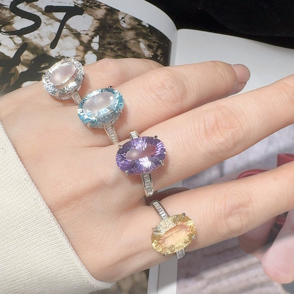 Wholesale Geometric Crystal And Amethyst S925 Sterling Silver 18K Gold Inlaid Light Luxury Unisex Ring