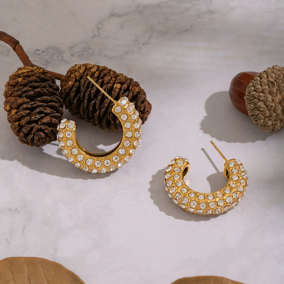 Wholesale Geometric Cshaped Diamond Earrings Set With 18K Real Gold Plated Stainless Steel For Women Luxury Jewelry